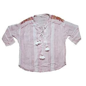 Johnny Was Jacques Lace-Front 3/4-Sleeve Tasseled Embroidered Blouse Women's XS